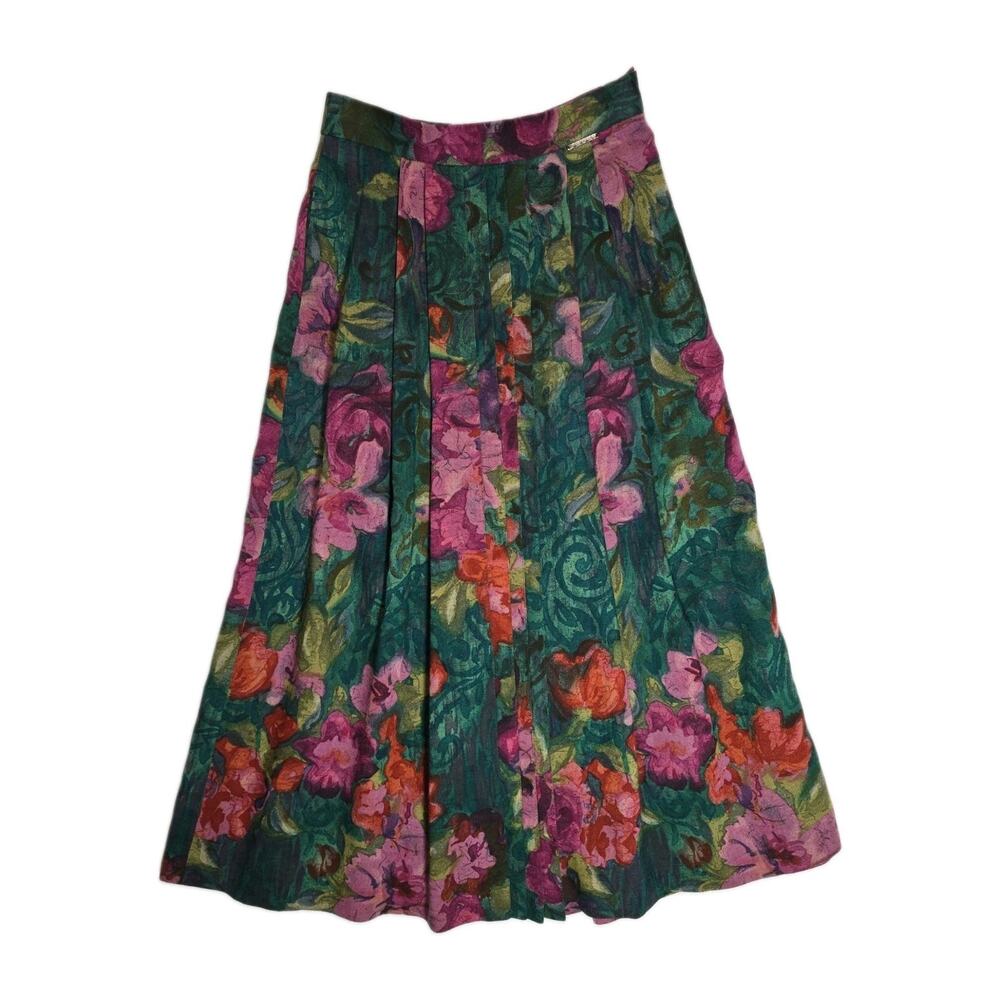 Vtg GEIGER Austria Floral Pleated Wool Midi Skirt Grandmacore Whimsychic 36 US 4